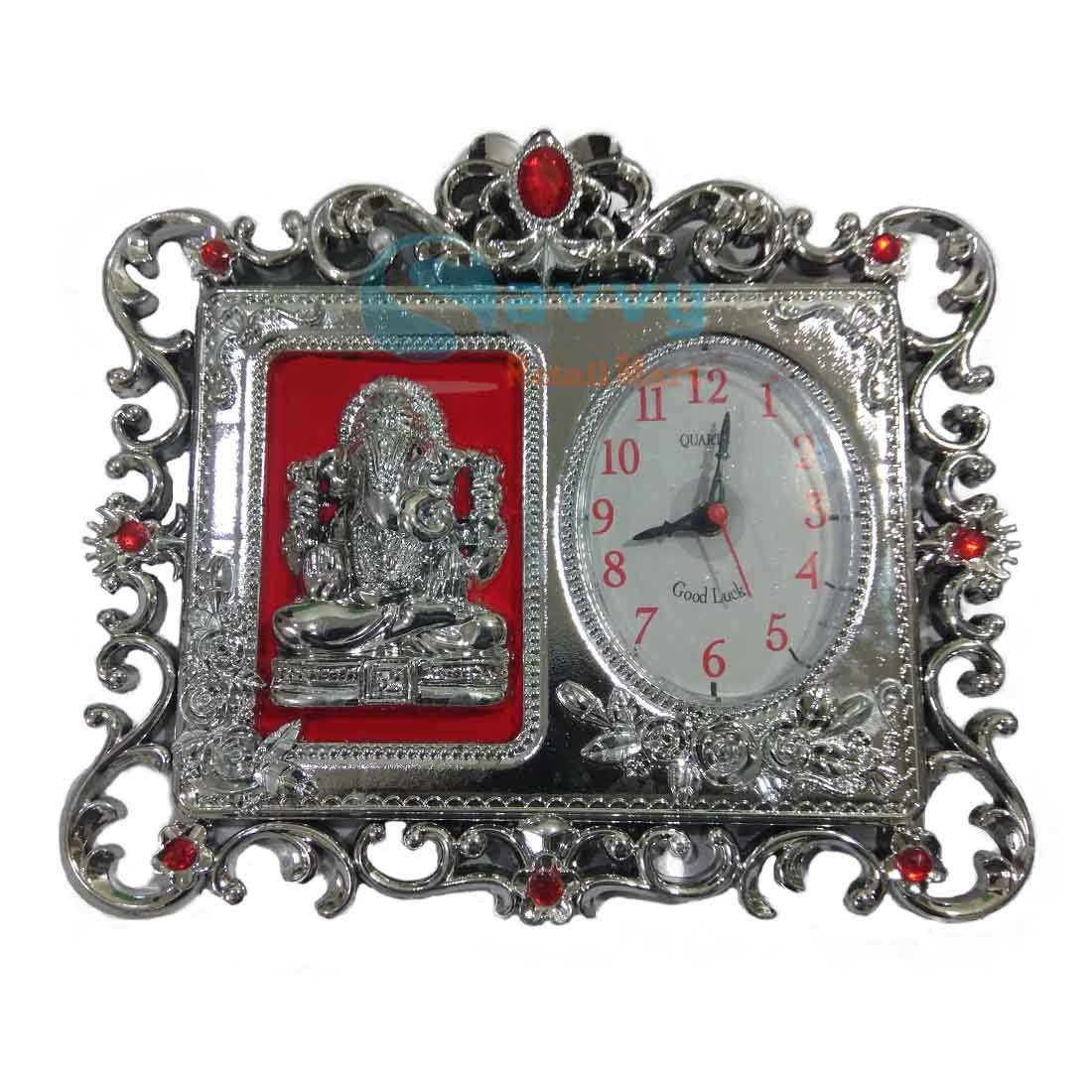 Silver Look Ganesha Wall Hanging Decor Cum Clock with Blessings SRG5842